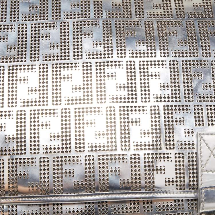 Pre Owned Fendi Silver Perforated FF Mirror Leather Briefcase Bag