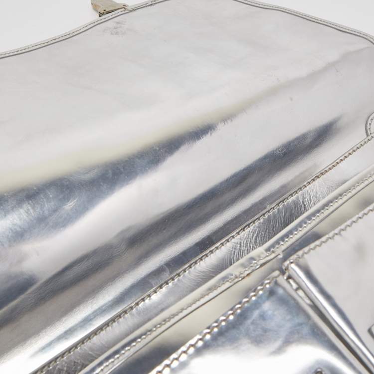 Pre Owned Fendi Silver Perforated FF Mirror Leather Briefcase Bag