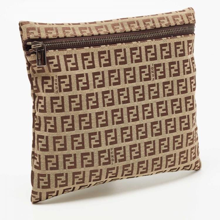 Pre Owned Fendi Beige Zuchinno Canvas Zip Pouch