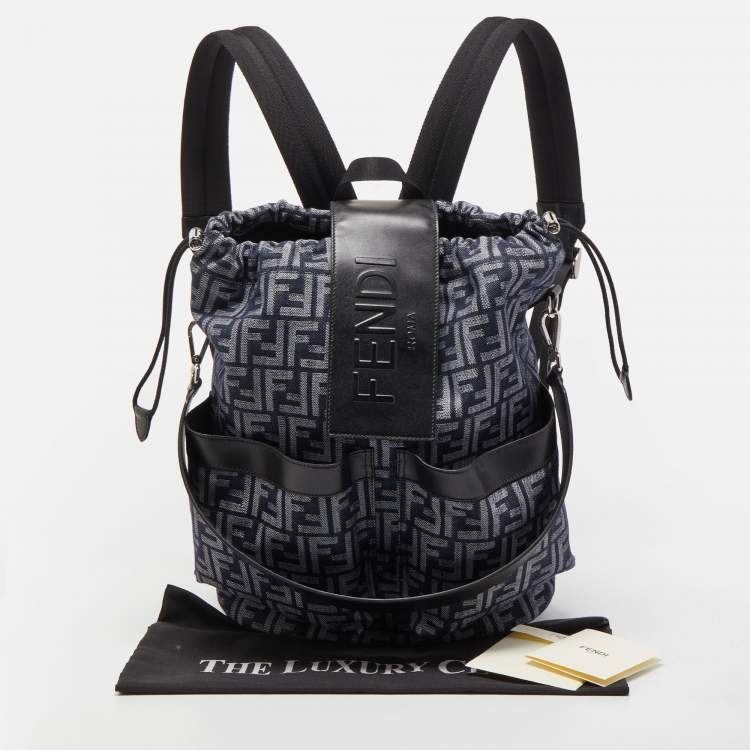 Pre Owned Fendi Blue/Black FF Jacquard Fabric Medium Drawstring Backpack