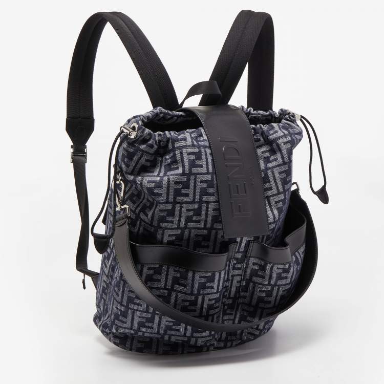 Pre Owned Fendi Blue/Black FF Jacquard Fabric Medium Drawstring Backpack