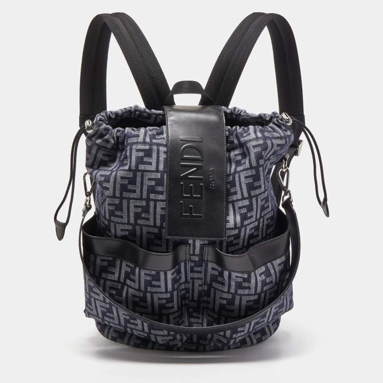 Pre Owned Fendi Blue/Black FF Jacquard Fabric Medium Drawstring Backpack