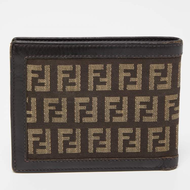 Pre Owned Fendi Brown/Beige Zucchino Canvas and Leather Bifold Wallet