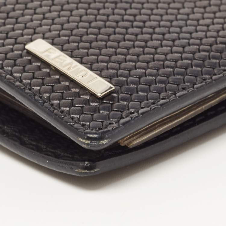 Pre Owned Fendi Black Textured Leather Bifold Card Case 