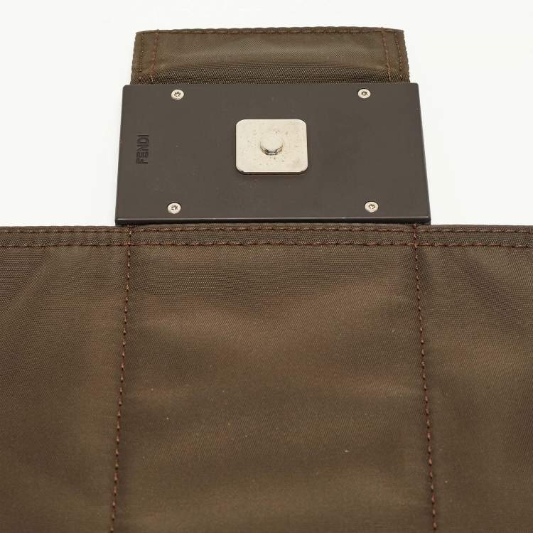 Pre Owned Fendi Dark Green Nylon Baguette Flap Bag