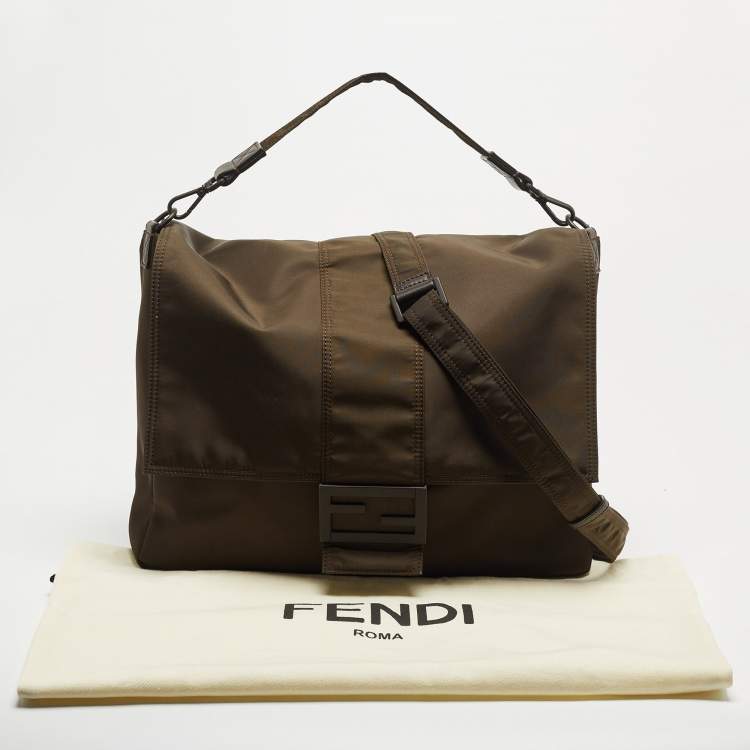 Pre Owned Fendi Dark Green Nylon Baguette Flap Bag