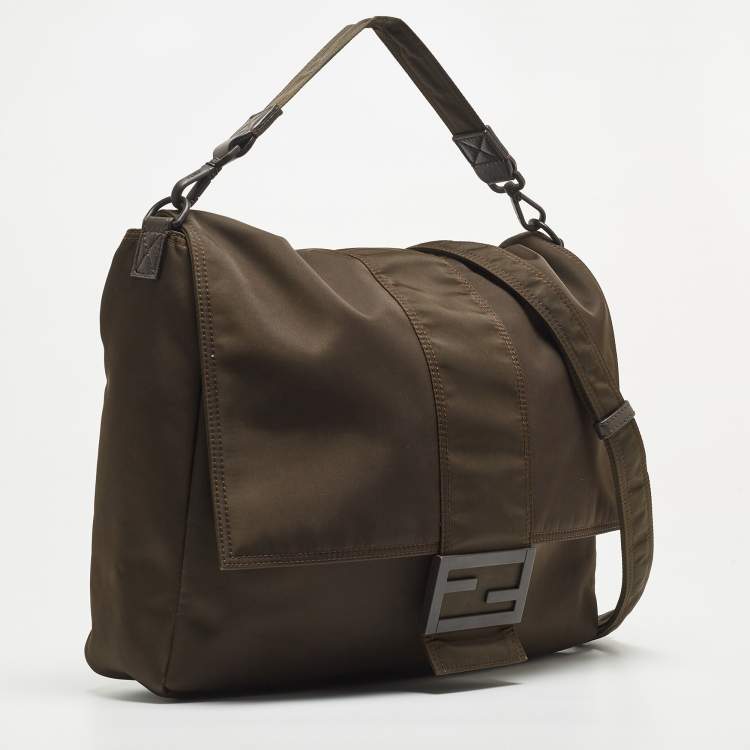 Pre Owned Fendi Dark Green Nylon Baguette Flap Bag
