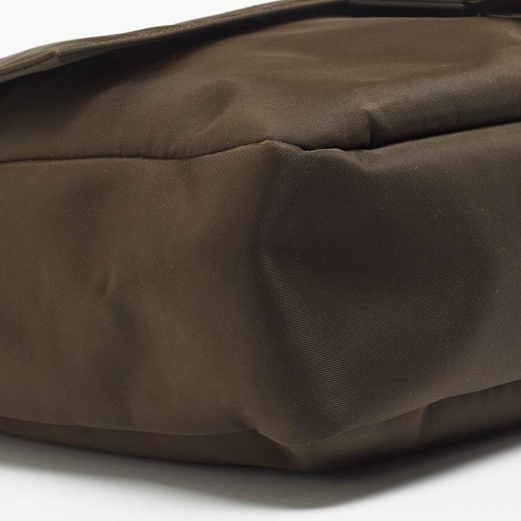 Pre Owned Fendi Dark Green Nylon Baguette Flap Bag