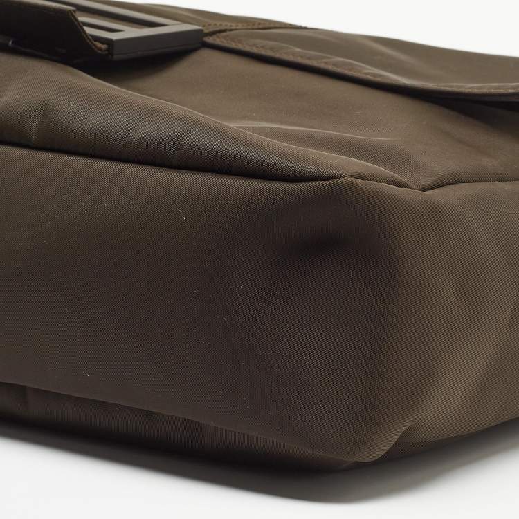 Pre Owned Fendi Dark Green Nylon Baguette Flap Bag