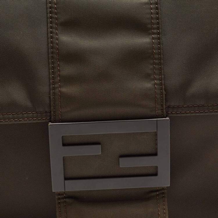 Pre Owned Fendi Dark Green Nylon Baguette Flap Bag