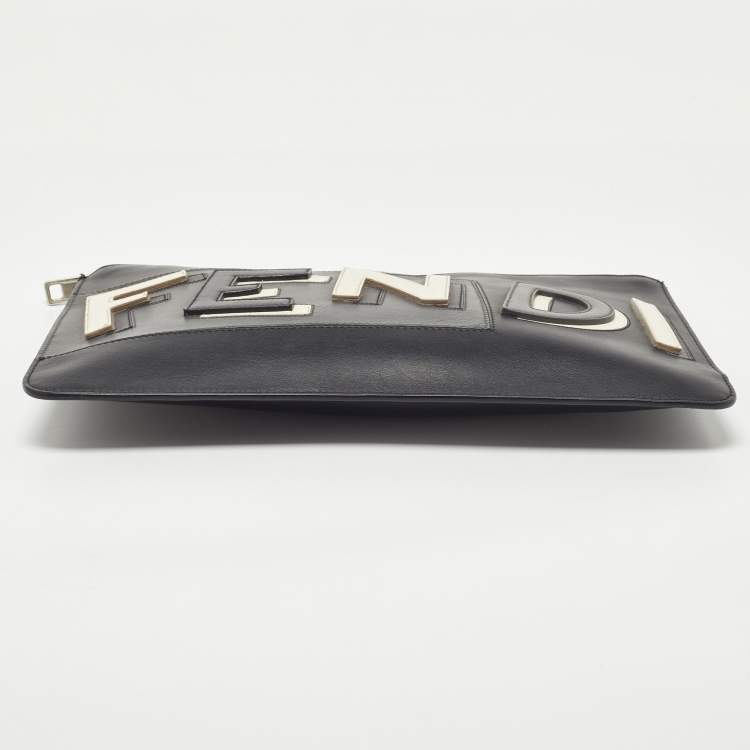 Pre Owned Fendi Black Leather Vocabulary 3D Logo Zip Pouch
