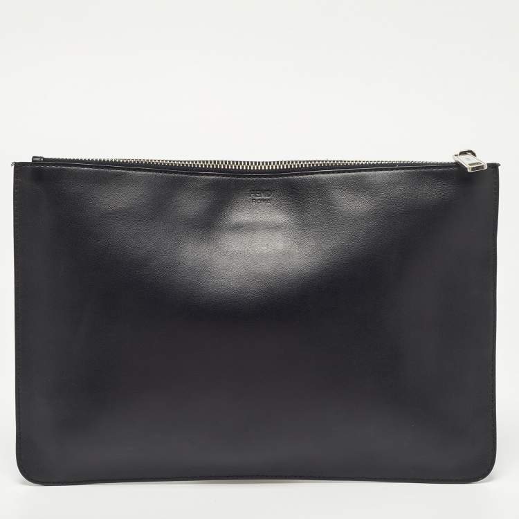 Pre Owned Fendi Black Leather Vocabulary 3D Logo Zip Pouch