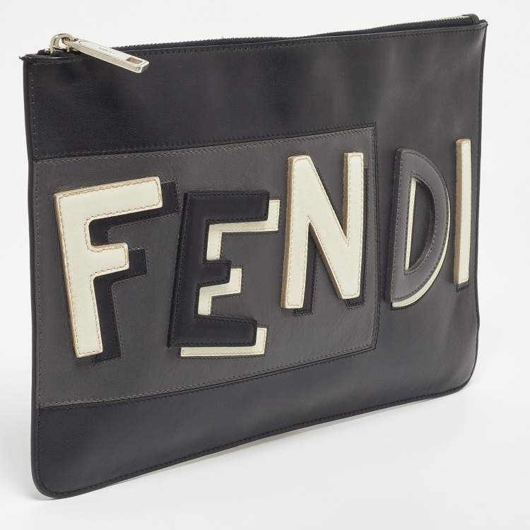 Pre Owned Fendi Black Leather Vocabulary 3D Logo Zip Pouch