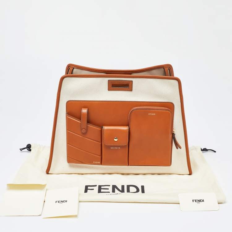 Pre Owned Fendi Off White/Tan Coated Canvas and Leather Medium Peekaboo Defender Pouch