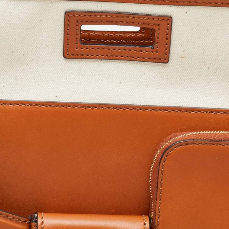 Pre Owned Fendi Off White/Tan Coated Canvas and Leather Medium Peekaboo Defender Pouch