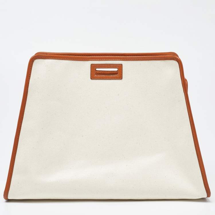 Pre Owned Fendi Off White/Tan Coated Canvas and Leather Medium Peekaboo Defender Pouch