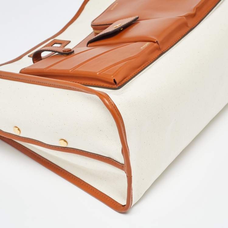 Pre Owned Fendi Off White/Tan Coated Canvas and Leather Medium Peekaboo Defender Pouch