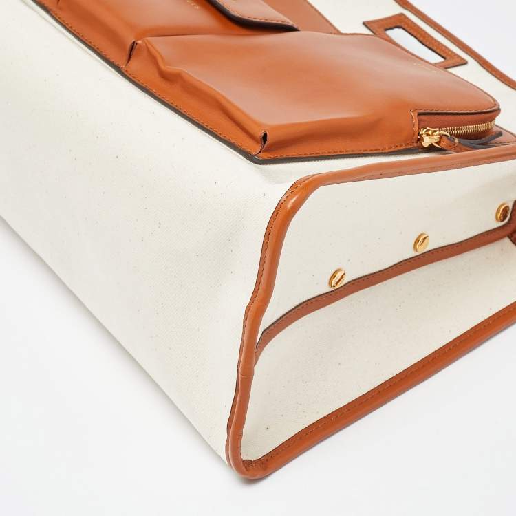 Pre Owned Fendi Off White/Tan Coated Canvas and Leather Medium Peekaboo Defender Pouch