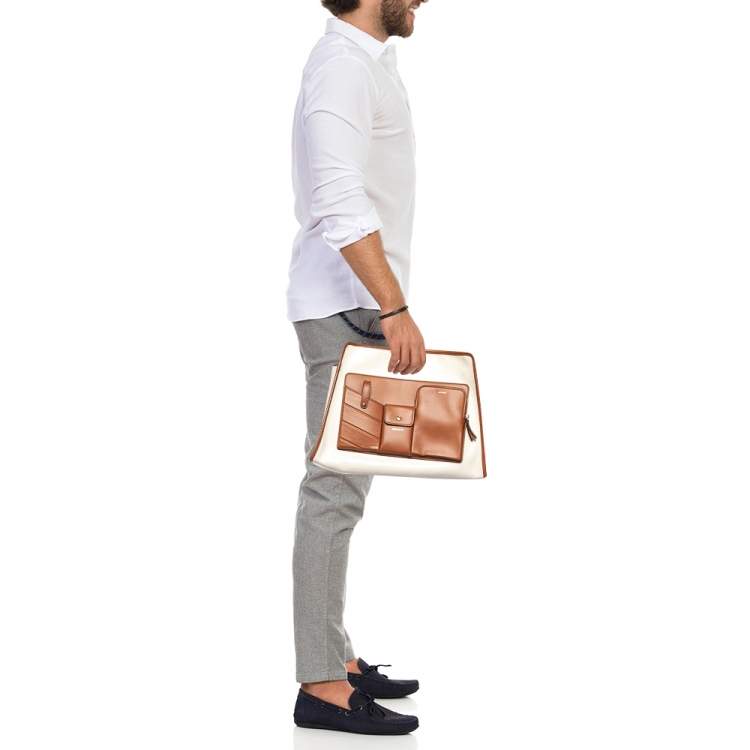 Pre Owned Fendi Off White/Tan Coated Canvas and Leather Medium Peekaboo Defender Pouch