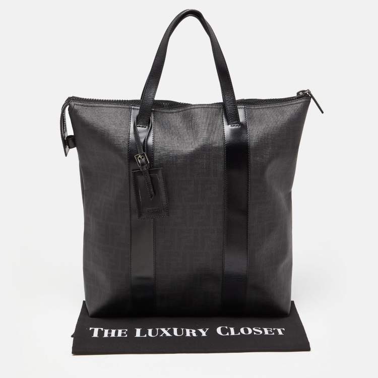 Pre Owned Fendi Black Zucca Coated Canvas and Leather Large Vertical Tote