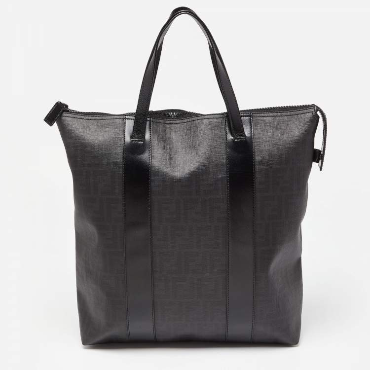 Pre Owned Fendi Black Zucca Coated Canvas and Leather Large Vertical Tote