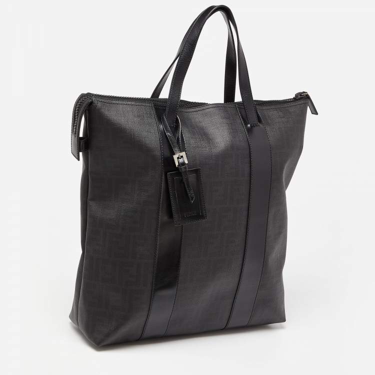 Pre Owned Fendi Black Zucca Coated Canvas and Leather Large Vertical Tote