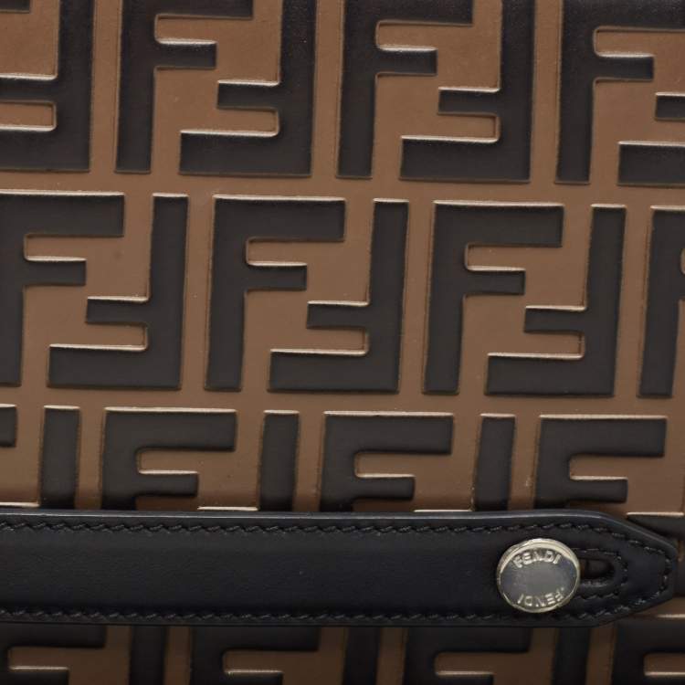 Pre Owned Fendi Black/Tobacco Zucca Embossed Leather Zip Pouch