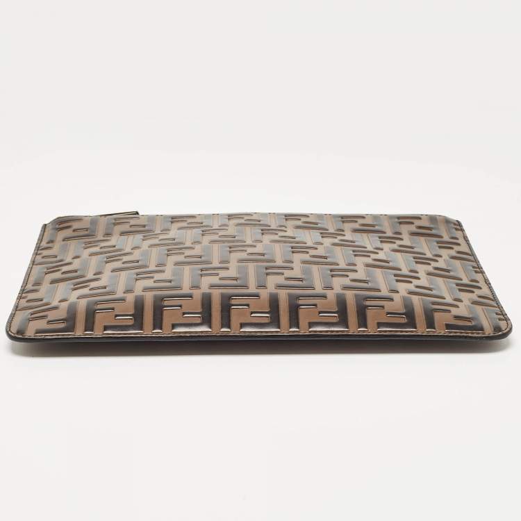 Pre Owned Fendi Tobacco/Black Zucca Embossed Leather Zip Pouch