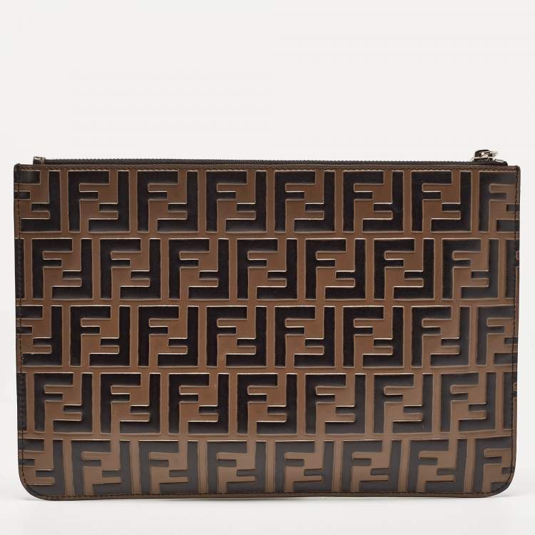 Pre Owned Fendi Tobacco/Black Zucca Embossed Leather Zip Pouch