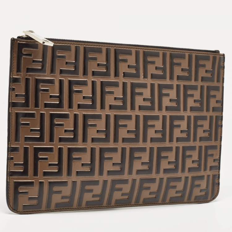 Pre Owned Fendi Tobacco/Black Zucca Embossed Leather Zip Pouch