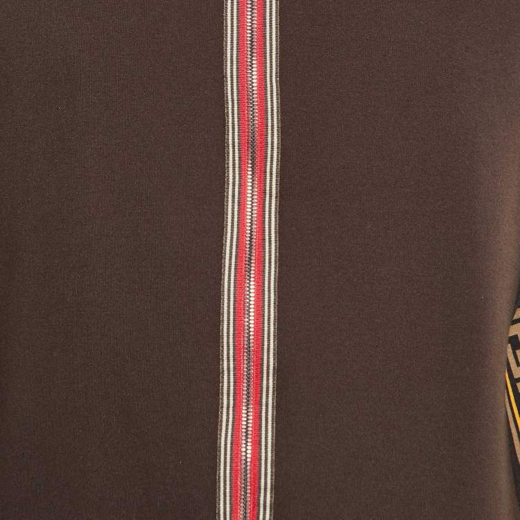Pre Owned Fendi Brown Knit Zucca FF Logo Trimmed Zip-Up Jacket S