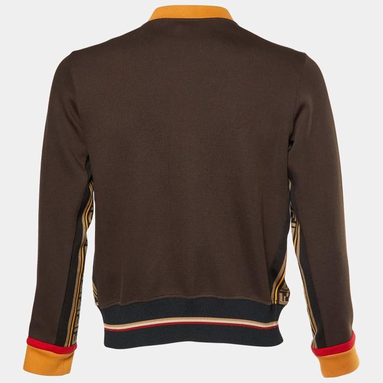 Pre Owned Fendi Brown Knit Zucca FF Logo Trimmed Zip-Up Jacket S