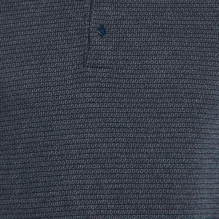 Pre Owned Fendi Blue FF Monogram Patterned Cotton Knit Polo T-Shirt M