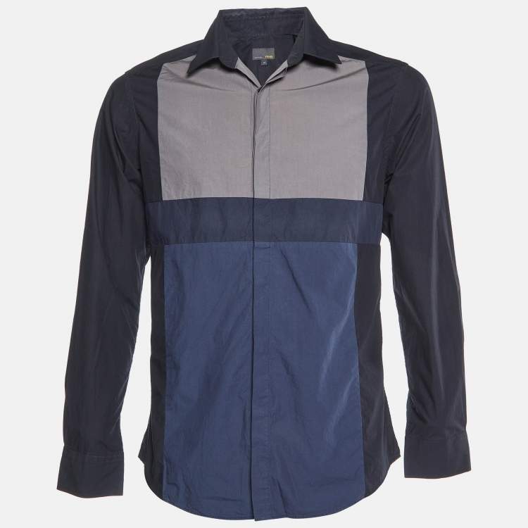 Pre Owned Fendi Navy Blue Colorblock Pattern Cotton Buttoned Up Shirt M