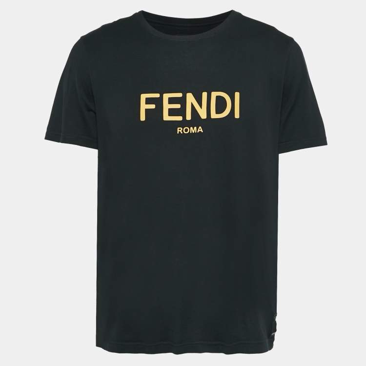 Pre Owned Fendi Black Cotton Logo Leather Applique Jersey T-Shirt XL