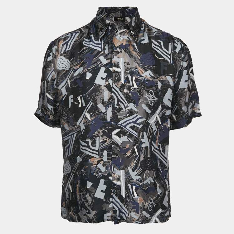 Pre Owned Fendi Blue Fragment Print Silk Short Sleeve Shirt M