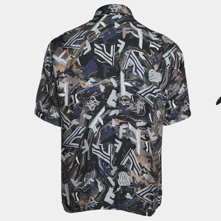 Pre Owned Fendi Blue Fragment Print Silk Short Sleeve Shirt M