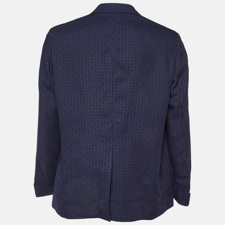 Pre Owned Fendi Blue Zucca Print Linen Blend Single Breasted Blazer XXL