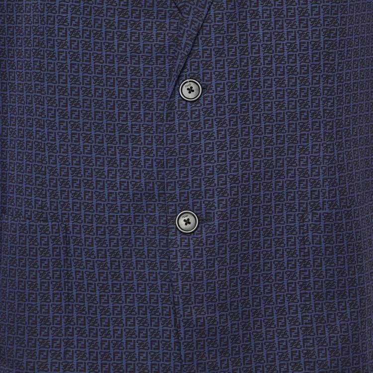 Pre Owned Fendi Blue Zucca Print Linen Blend Single Breasted Blazer XXL