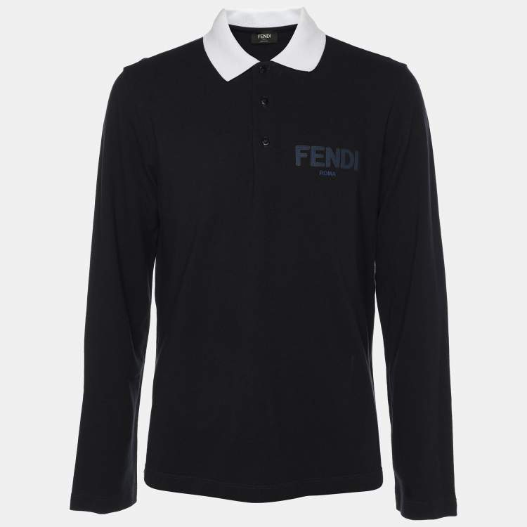 Pre Owned Fendi Navy Blue Cotton Knit Long Sleeve Polo Shirt M