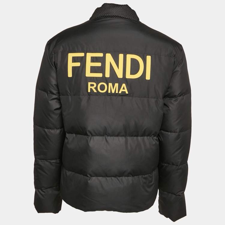 Pre Owned Fendi Black Logo Print Synthetic Reversible Puffer Jacket XL