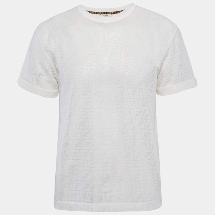 Pre Owned Fendi White FF Patterned Stretch Knit Half Sleeve T-shirt XS