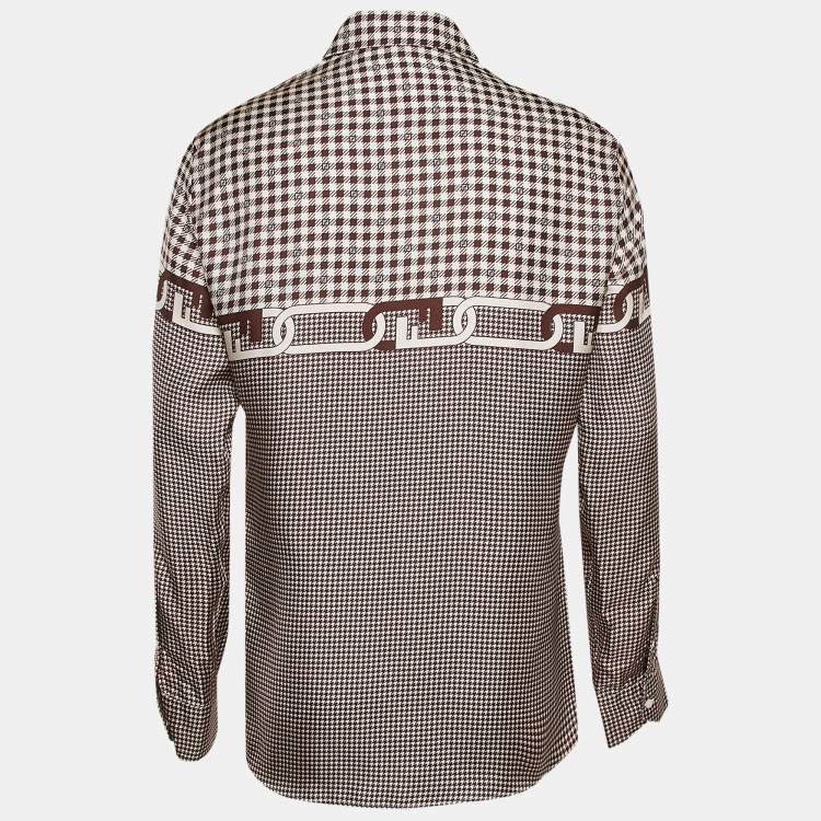 Pre Owned Fendi Brown Houndstooth Print Silk Button Front Shirt L