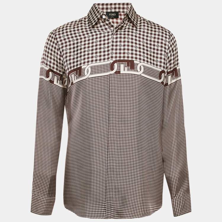Pre Owned Fendi Brown Houndstooth Print Silk Button Front Shirt L