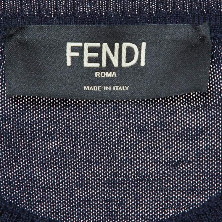 Pre Owned Fendi Navy Blue Wool Knit Monogram Pattern Detail Pullover L