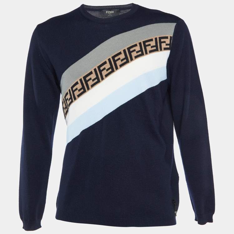 Pre Owned Fendi Navy Blue Wool Knit Monogram Pattern Detail Pullover L
