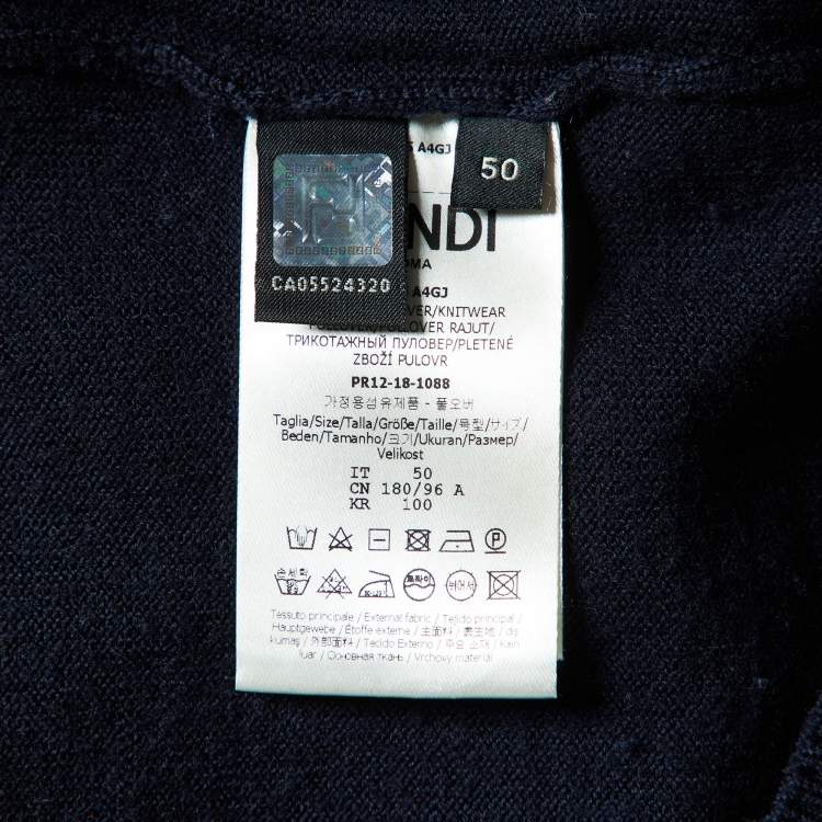 Pre Owned Fendi Navy Blue Wool Knit Monogram Pattern Detail Pullover L