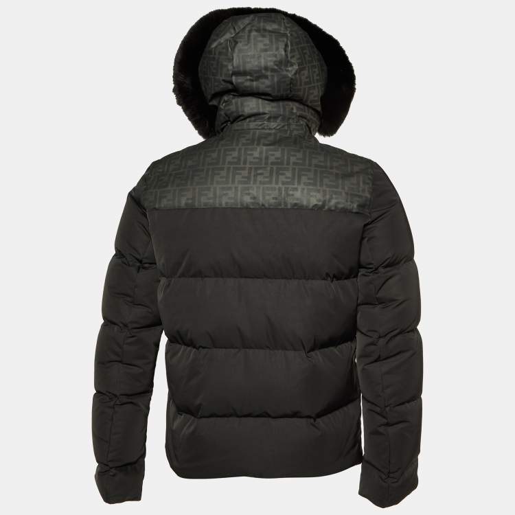 Pre Owned Fendi Black Zucca Print Synthetic Detachable Fur Hooded Down Jacket M
