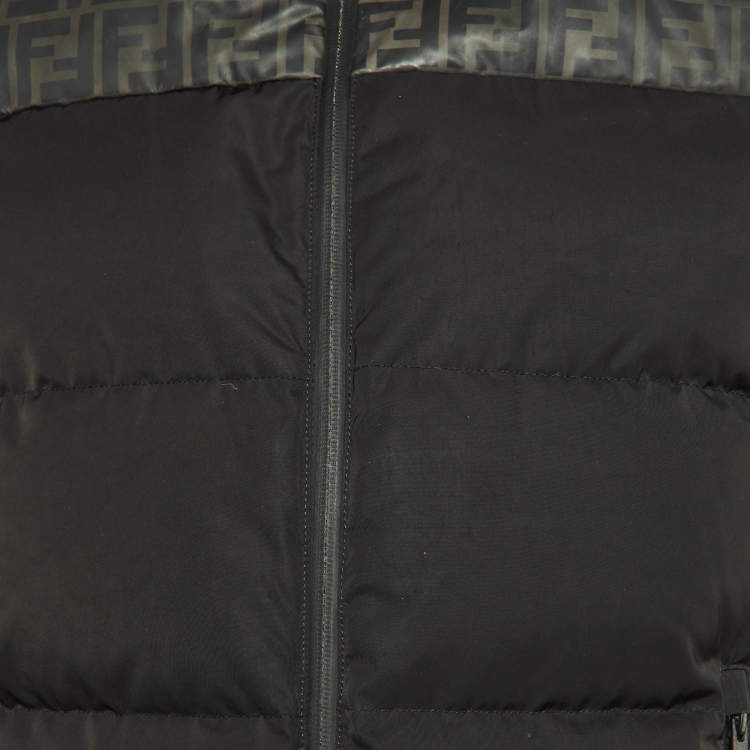 Pre Owned Fendi Black Zucca Print Synthetic Detachable Fur Hooded Down Jacket M