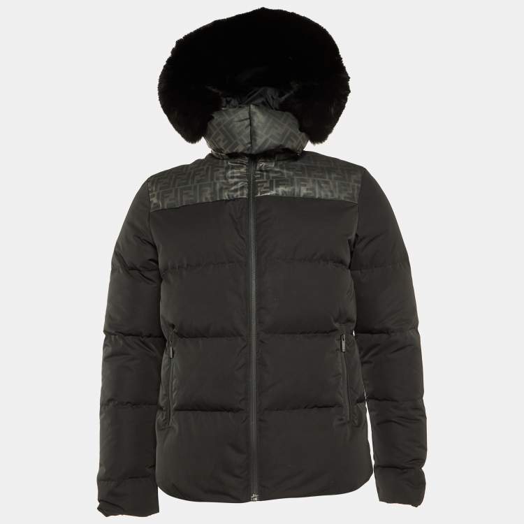 Pre Owned Fendi Black Zucca Print Synthetic Detachable Fur Hooded Down Jacket M